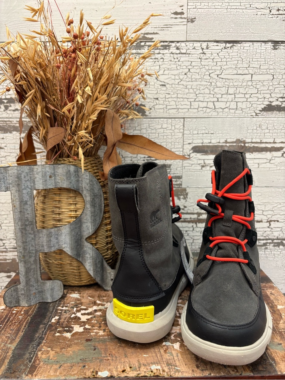 Sorel Explorer Next Joan Waterproof Gray High-Top Boots with Red Laces